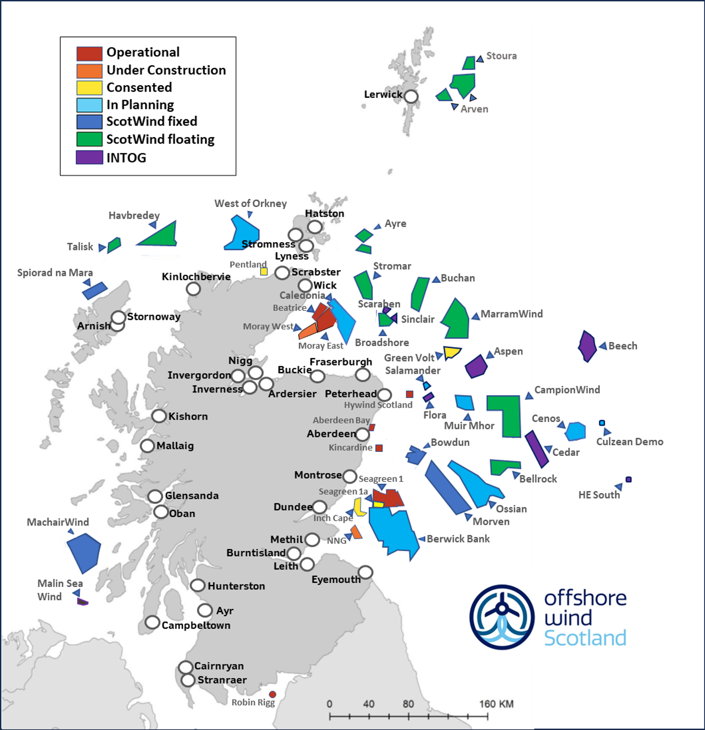 Map of Scotland showing offshore wind projects and port locations